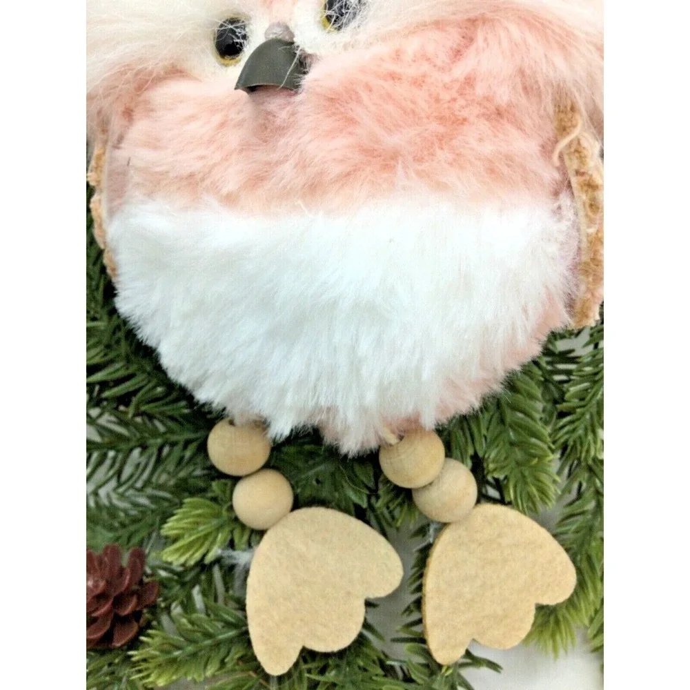 Pink‎ Fuzzy Owl Christmas Tree Ornament Wooden Legs White Bushy Eyebrows